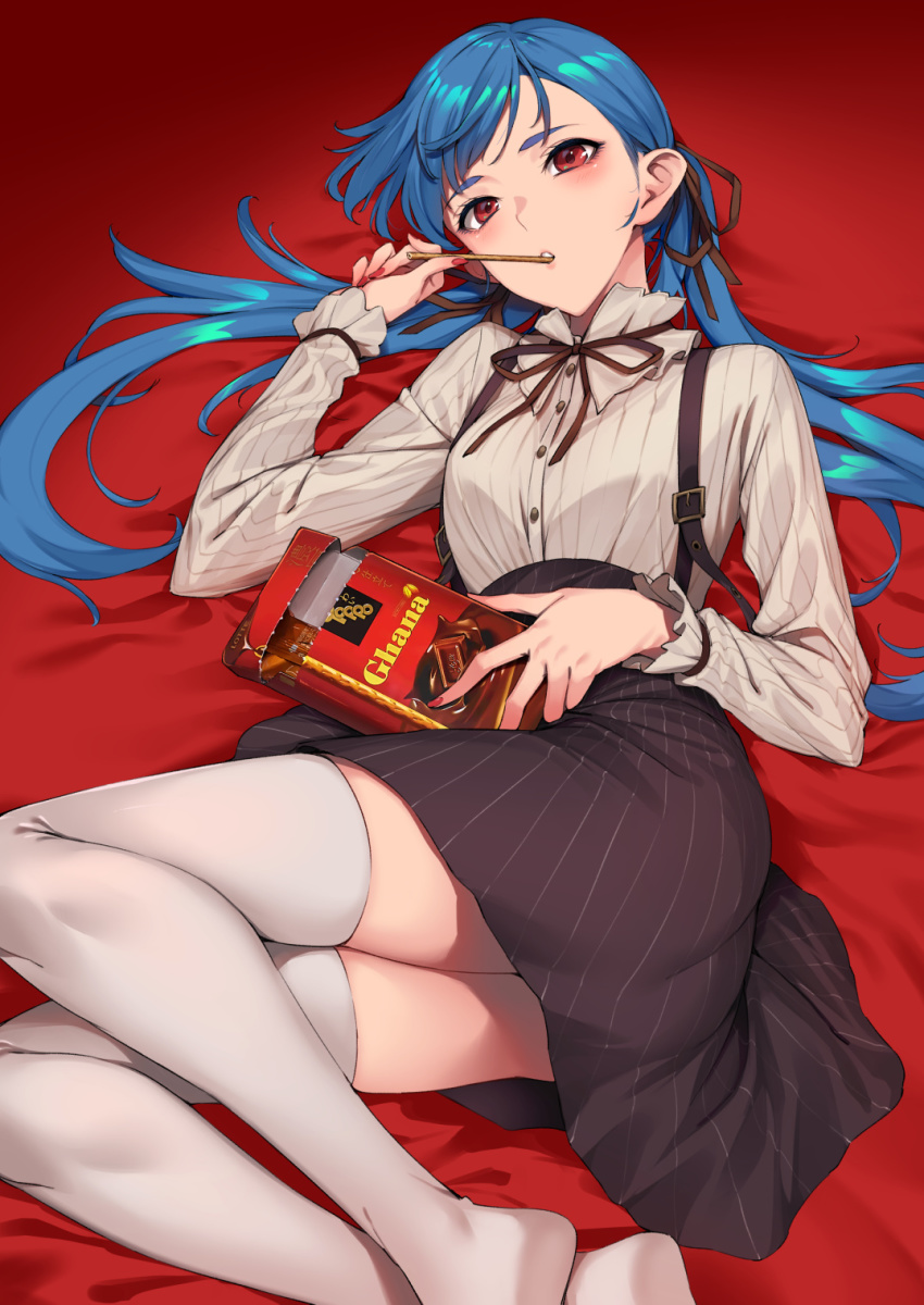1girl, bed_sheet, blue_hair, blush, box, breasts, brown_ribbon, brown_skirt, commentary_request, eyebrows_hidden_by_hair, fingernails, food, food_in_mouth, full_body, ghana_(chocolate), grey_shirt, grey_skirt, hair_ribbon, hand_up, head_tilt, high-waist_skirt, highres, holding, holding_box, legs_together, long_hair, long_sleeves, looking_at_viewer, lying, nail_polish, neck_ribbon, no_shoes, on_back, on_side, original, pinstripe_pattern, pinstripe_shirt, pinstripe_skirt, pocky, red_background, red_eyes, red_nails, ribbon, shirt, skirt, small_breasts, solo, striped_clothes, striped_skirt, sugarbeat, suspenders, swept_bangs, thighhighs, twintails, very_long_hair, white_thighhighs, yukari_(sugarbeat)
