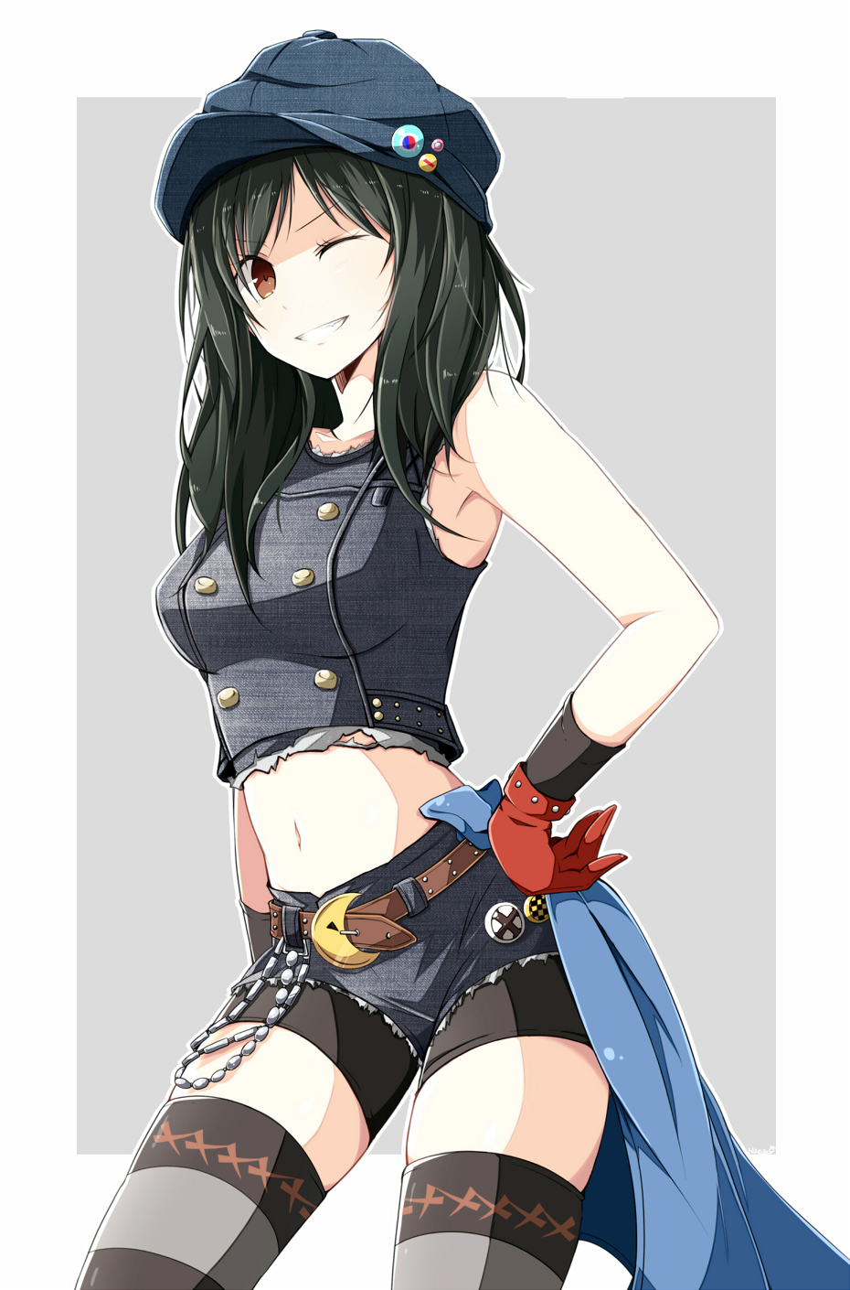 1girl, wallet_chain, bike_shorts, bike_shorts_under_shorts, black_hair, blue_sash, newsboy_cap, crescent_belt_buckle, denim, denim_shirt, denim_shorts, final_fantasy, final_fantasy_vii, final_fantasy_vii_remake, gloves, hand_on_own_hip, hat, highres, kyrie_canaan, looking_at_viewer, nanao_(zonzonsh), navel, red_gloves, sash, shorts, smile, solo, square_enix, stomach, striped_clothes, striped_thighhighs, thighhighs