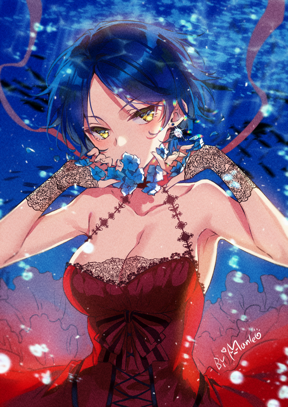1girl, bad_id, bad_pixiv_id, bare_shoulders, blue_flower, blue_hair, bow, breasts