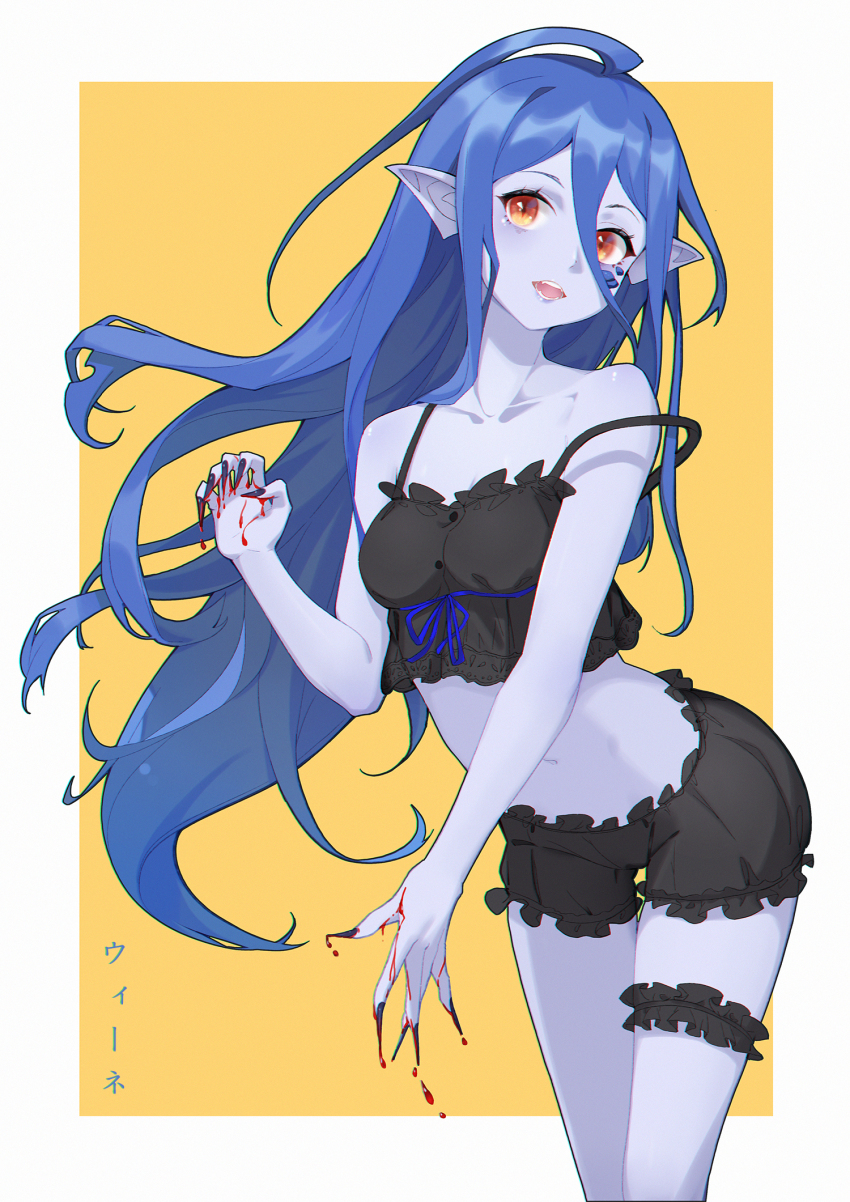 1girl, ahoge, bare_arms, bare_shoulders, blood, blood_on_hands, bloomers, blue_hair
