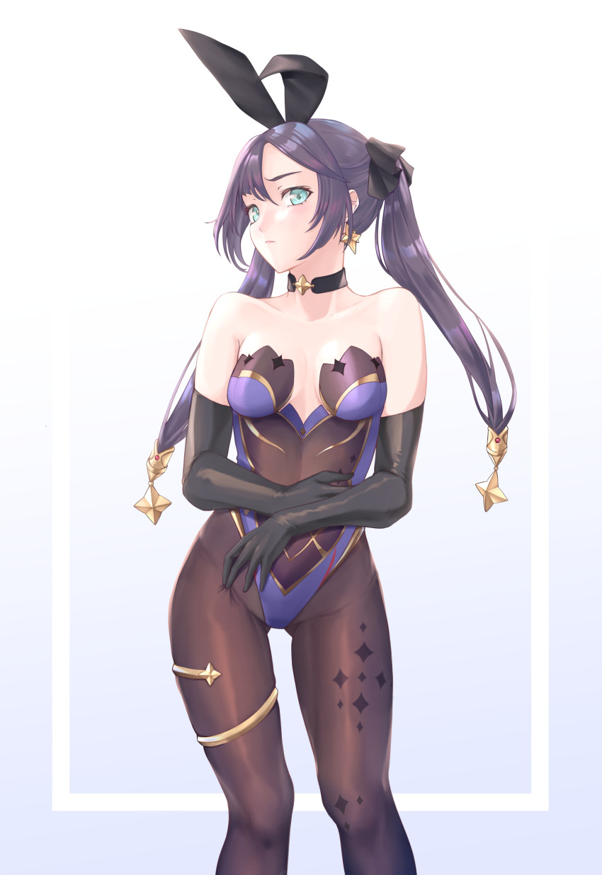 1girl, absurdres, adapted_costume, animal_ears, aqua_eyes, asymmetrical_bangs, bare_shoulders, black_choker, black_gloves, black_ribbon, blue_leotard, bodystocking, breasts, brown_pantyhose, choker, closed_mouth, collarbone, earrings, elbow_gloves, expressionless, fake_animal_ears, genshin_impact, gloves, gradient_background, hair_between_eyes, hair_ornament, hair_ribbon, head_tilt, highres, huge_filesize, jewelry, leotard, long_hair, looking_at_viewer, me_ao_(many_blue_leaves), mona_(genshin_impact), neck, necklace, pantyhose, purple_hair, rabbit_ears, ribbon, serious, shy, small_breasts, solo, standing, strapless, strapless_leotard, thighlet, twintails