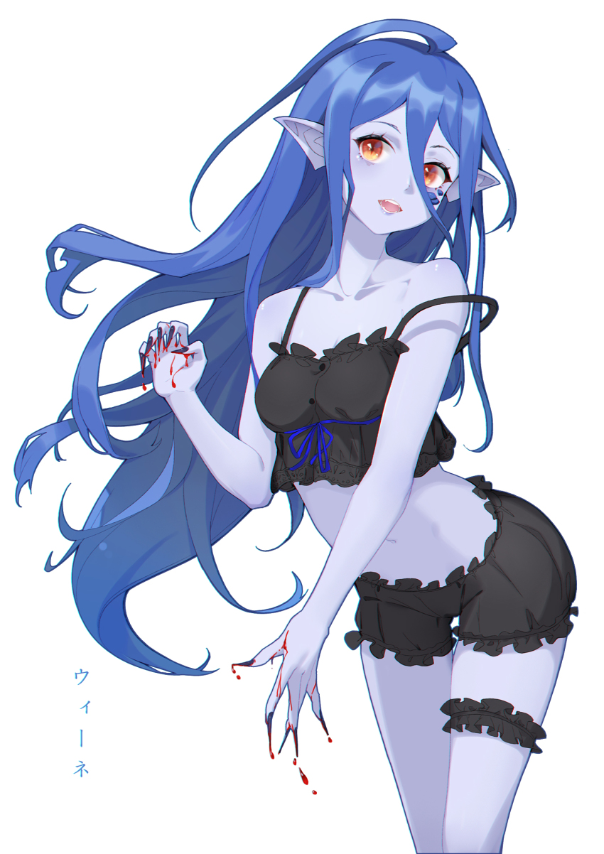 1girl, ahoge, bare_arms, bare_shoulders, blood, blood_on_hands, bloomers, blue_hair, blue_ribbon, blue_skin, blush, breasts, collarbone, colored_skin, cowboy_shot, dungeon_ni_deai_wo_motomeru_no_wa_machigatteiru_darou_ka, fingernails, forehead_jewel, frills, hair_between_eyes, highres, leaning_forward, lis_zhu_long, long_fingernails, long_hair, long_neck, looking_at_viewer, medium_breasts, midriff, monster_girl, nail_polish, navel, open_mouth, pointy_ears, red_nails, ribbon, scales, simple_background, solo, stomach, strap_slip, thigh_strap, translation_request, underwear, very_long_hair, white_background, wiene_(danmachi), xenos_(danmachi)