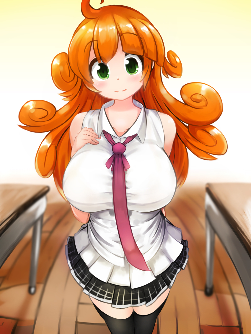black_thighhighs, breast_suppress, breasts, classroom, collarbone, curly_hair, desk, green_eyes