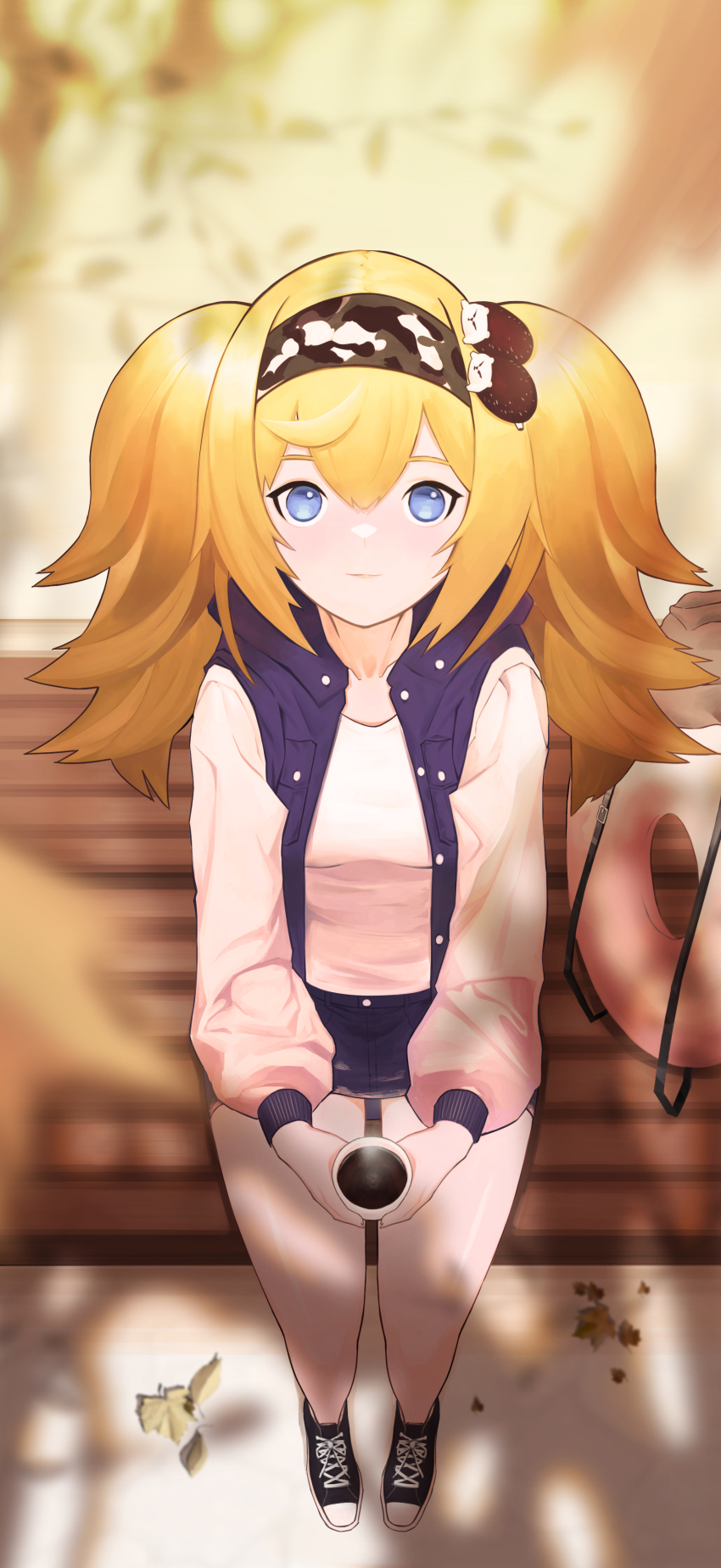 1girl, absurdres, autumn_leaves, bench, black_shoes, blonde_hair, blue_eyes, blue_shorts