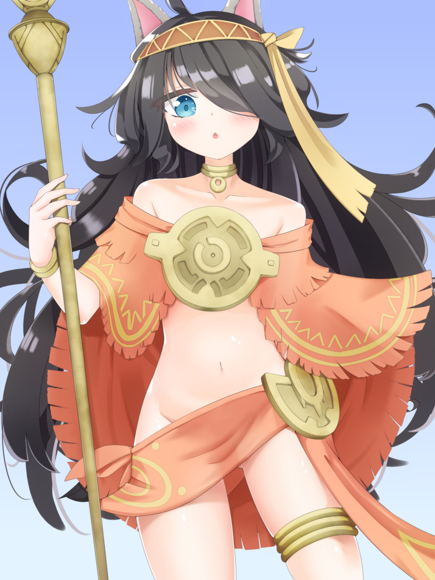 1girl, :<, ahoge, animal_ears, bare_shoulders, black_hair, blue_eyes, blush, cat_ears, character_request, collarbone, gluteal_fold, gradient_background, hair_over_one_eye, headband, highres, long_hair, navel, nyanko_daisensou, rod, twin-7646, very_long_hair