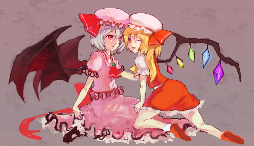 2girls, bad_id, bad_pixiv_id, brown_background, female_focus, flandre_scarlet, hat, highres