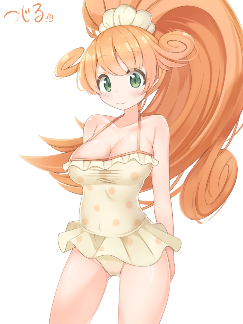1girl, bare_shoulders, blush, breasts, cleavage, collarbone, curly_hair, gluteal_fold