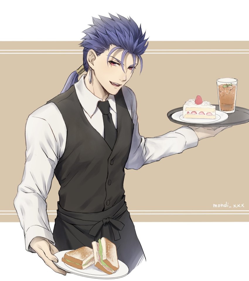 1boy, apron, artist_name, black_apron, black_vest, blue_hair, cake, cake_slice