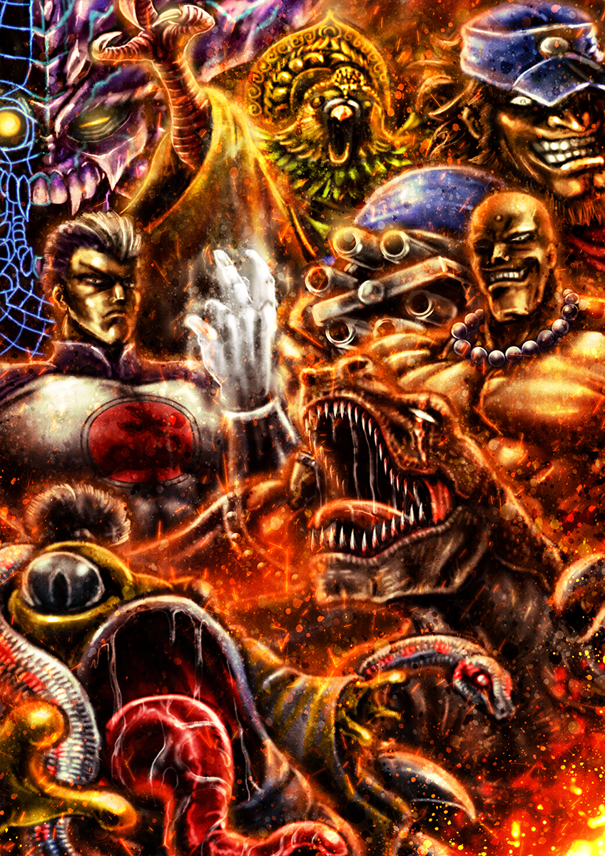 3boys, bald, dinosaur, everyone, frog, gloves, grin, hat, helldoron, highres, inko_daibutsu, live_a_live, mother_cpu, multiple_boys, o-di-o-, o._dio, ode_iou, odi_wang_lee, odie_obright, rogues'_gallery, smile, snake, trait_connection