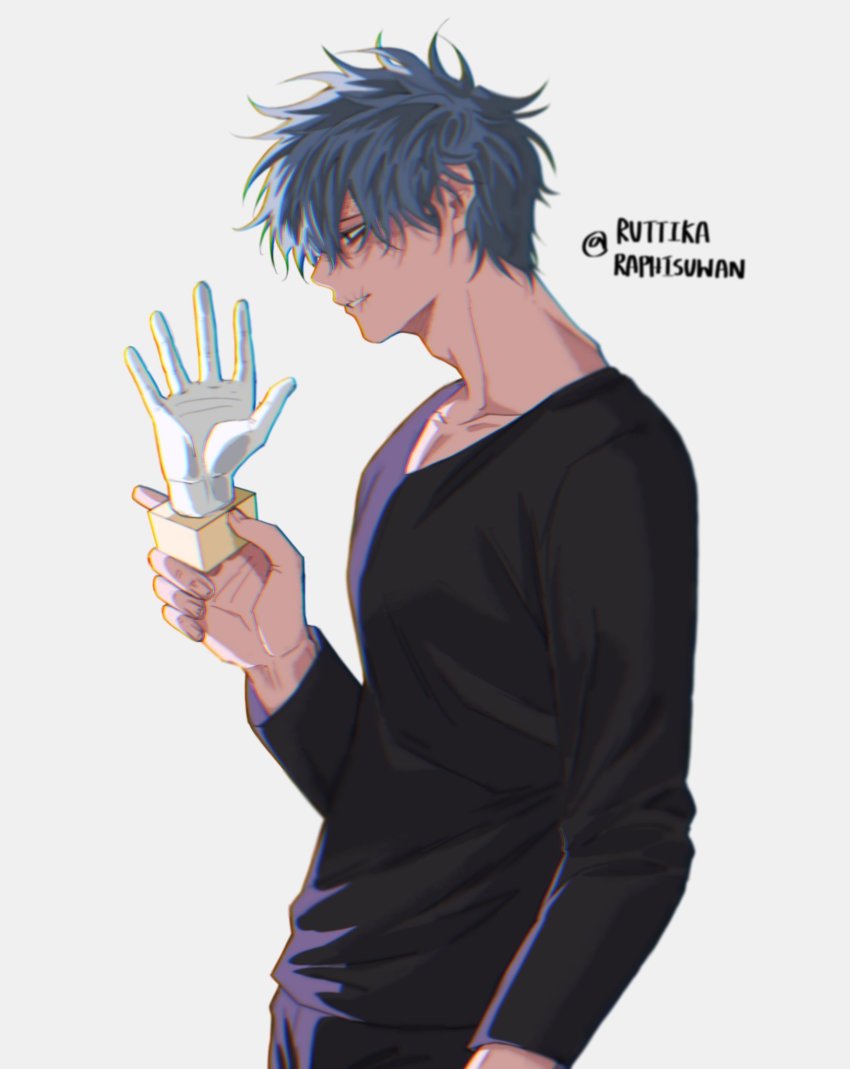 1boy, adam's_apple, black_pants, black_shirt, boku_no_hero_academia, chapped_lips, collarbone, fingernails