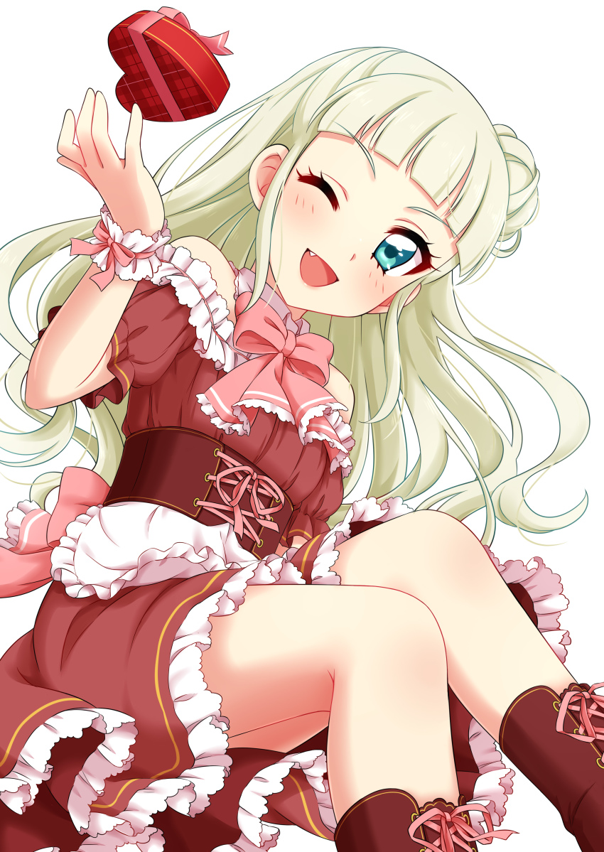 1girl, :d, absurdres, aikatsu!, aikatsu!_(series), ainchase_ishmael, ankle_boots, blonde_hair, bluhen_(elsword), blunt_bangs, boots, bow, bowtie, box, dress, fang, hair_bun, hand_up, heart-shaped_box, highres, invisible_chair, lace-up_boots, looking_at_viewer, open_mouth, pink_bow, pink_bowtie, pink_ribbon, red_boots, red_dress, ribbon, sash, sekina, simple_background, single_hair_bun, sitting, smile, solo, todo_yurika, valentine, white_background, wristband