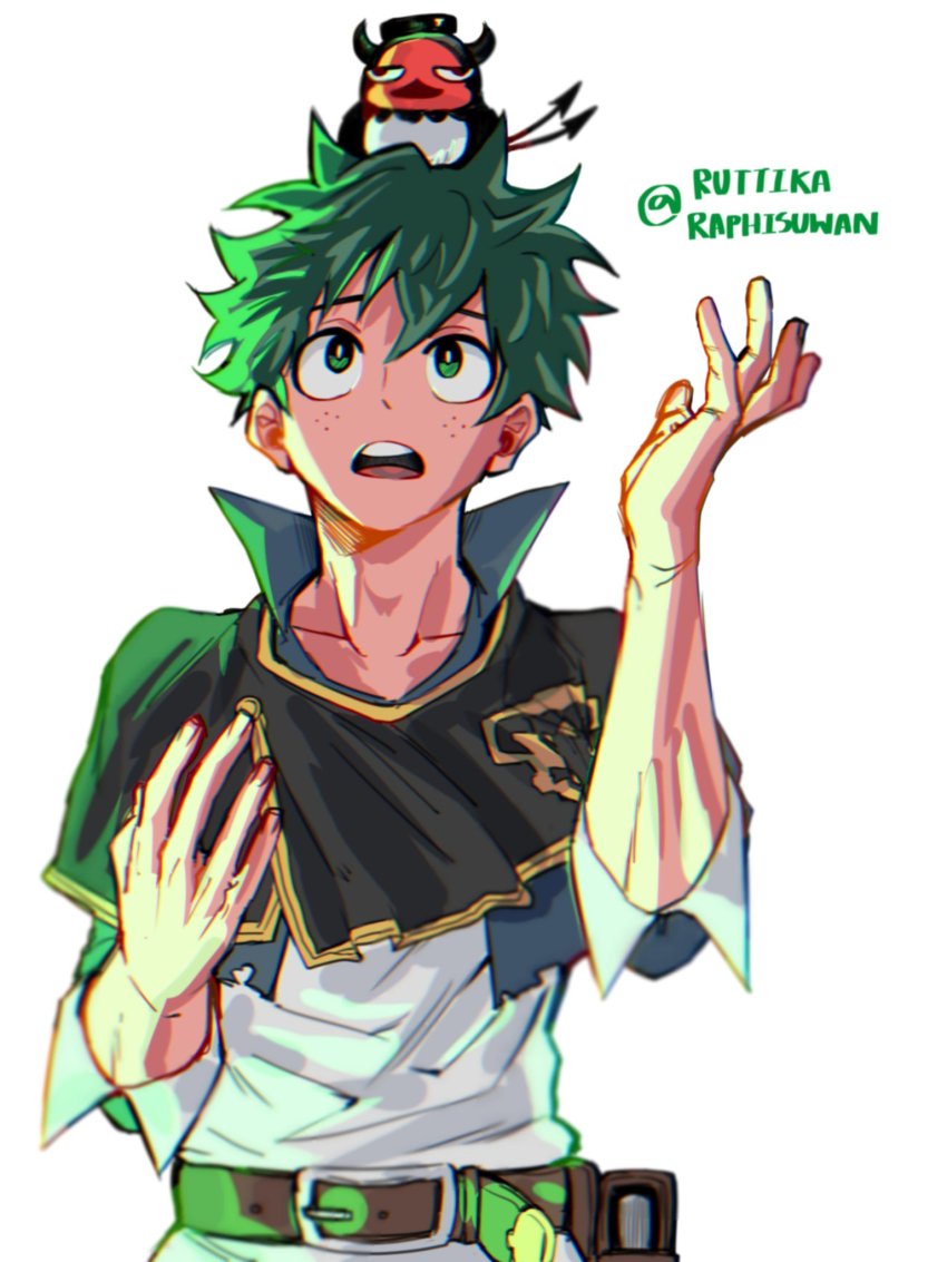 1boy, 1girl, adam's_apple, alternate_costume, asta_(black_clover)_(cosplay), belt, black_cloak, black_clover, boku_no_hero_academia, cloak, collarbone, cosplay, crossover, curly_hair, fingernails, freckles, green_eyes, green_hair, highres, midoriya_izuku, nero_(black_clover), open_mouth, ruttika_raphisuwan, secre_swallowtail, shirt, short_hair, teeth, tongue, white_background, white_shirt