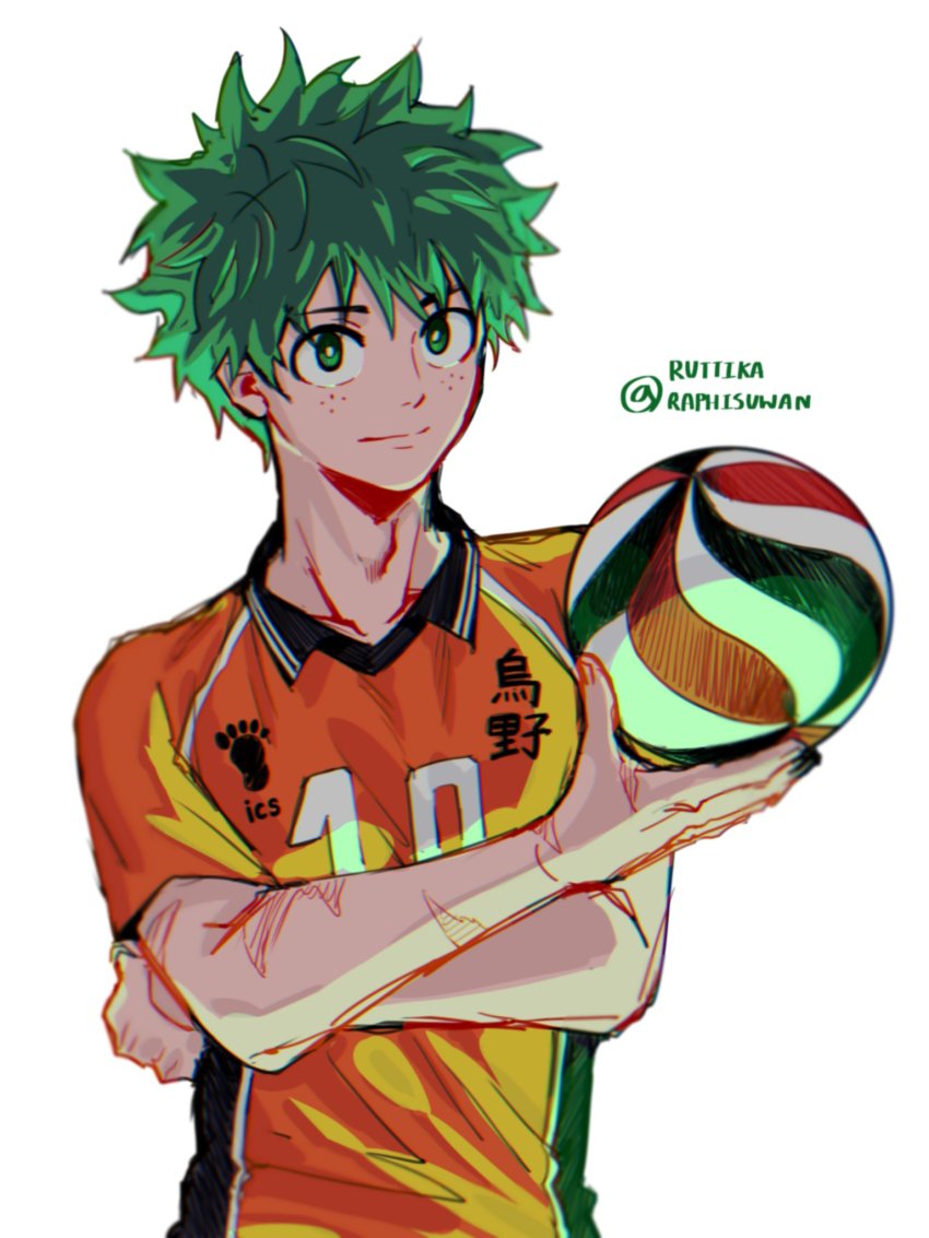 1boy, adam's_apple, alternate_costume, ball, boku_no_hero_academia, collarbone, cosplay, crossed_arms, crossover, curly_hair, freckles, green_eyes, green_hair, haikyuu!!, highres, hinata_shouyou_(cosplay), holding, holding_ball, jersey, midoriya_izuku, ruttika_raphisuwan, scar, scar_on_arm, short_hair, solo, sports_uniform, sportswear, volleyball_(object), volleyball_uniform, white_background