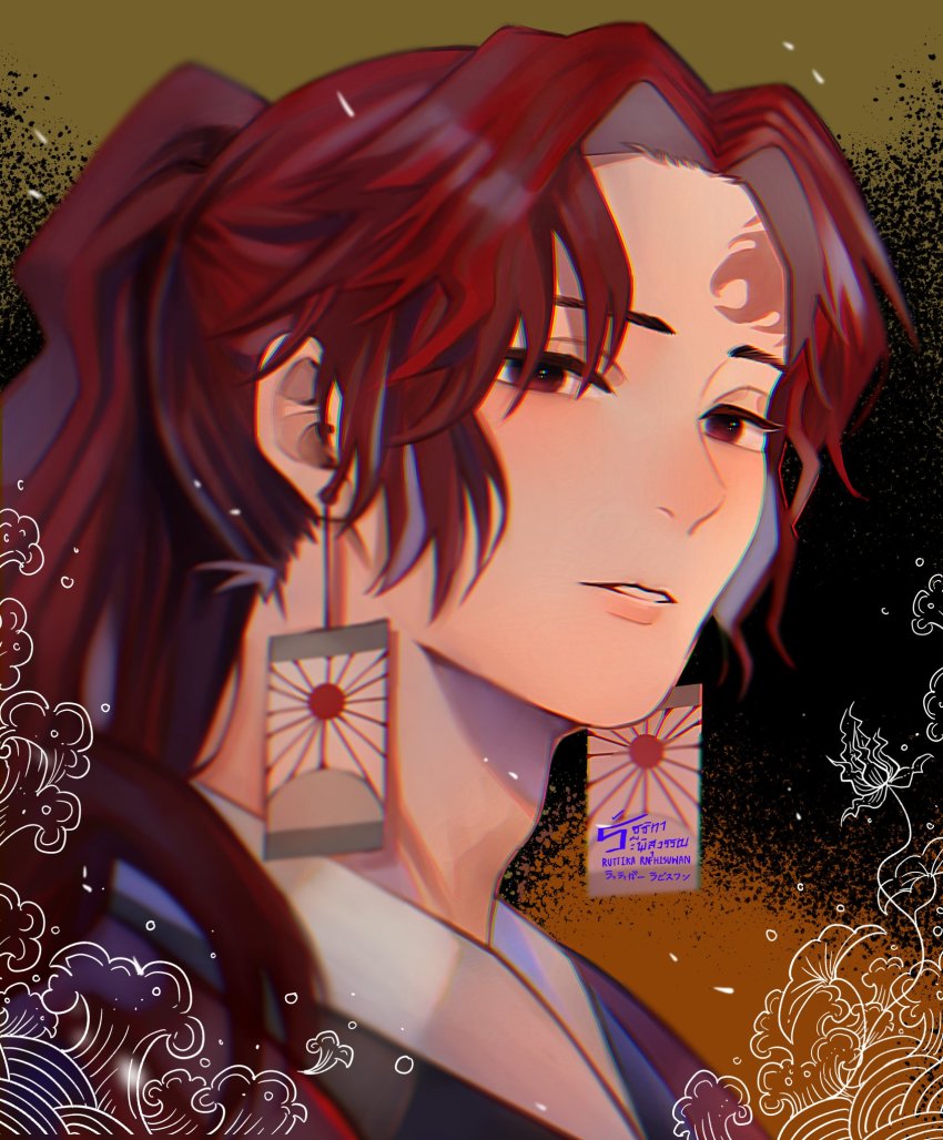 1boy, adam's_apple, earrings, highres, jewelry, kimetsu_no_yaiba, long_hair, piercing