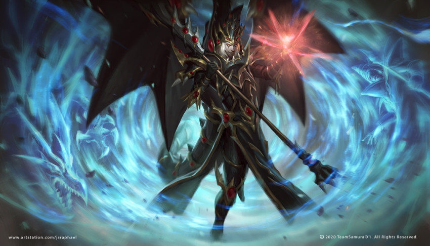 1boy, armor, commentary, dark_magician, dragon, dragon_boy, dragon_tail, dragon_wings