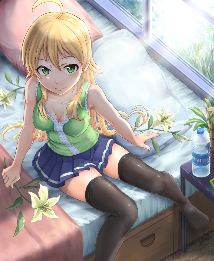 ahoge, bamboo, bed_sheet, bedroom, blonde_hair, blouse, blue_skirt, bottle, breasts, cleavage, collarbone, flower, frills, green_eyes, green_shirt, hoshii_miki, idolmaster, idolmaster_(classic), light_rays, lily_(flower), long_hair, medium_breasts, ninjin99, pillow, pleated_skirt, shirt, sitting, skirt, sleeveless, solo, striped, sunbeam, sunlight, thighhighs, water_bottle, window
