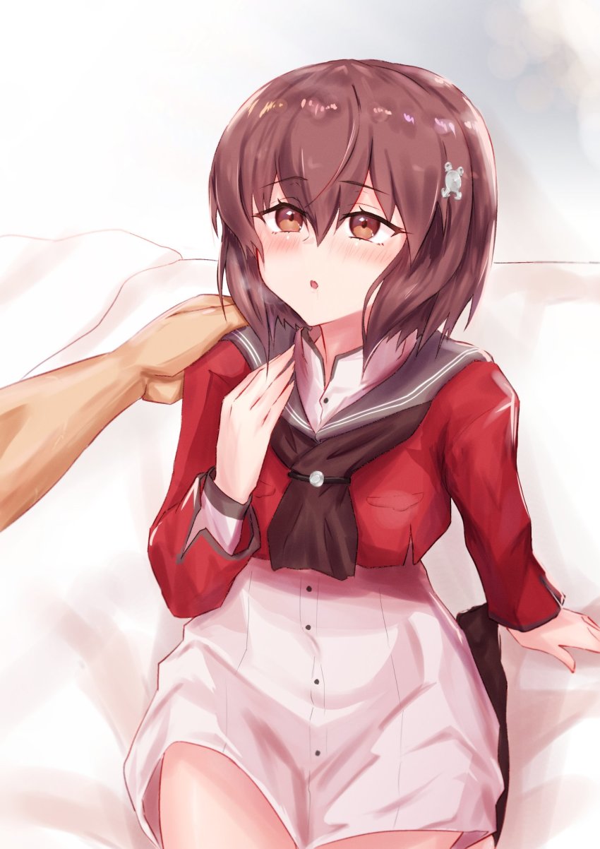 1girl, 1other, brown_eyes, brown_hair, brown_neckerchief, commentary_request, cowboy_shot, dress