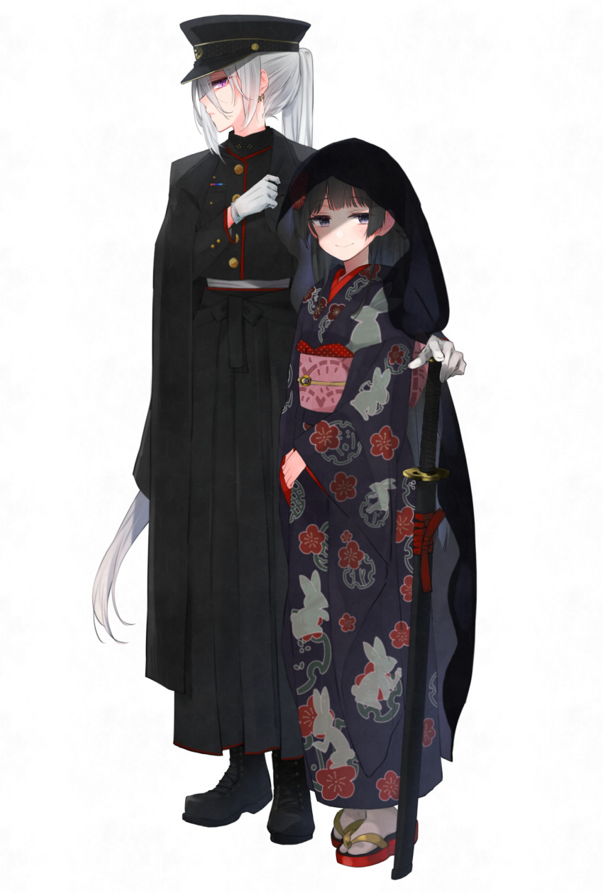 2girls, absurdres, alternate_costume, black_cape, black_footwear, black_hair, black_hakama, black_headwear