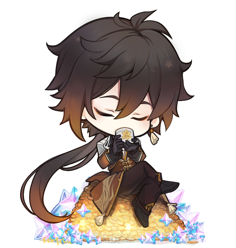 1boy, black_gloves, black_jacket, chibi, closed_eyes, crossed_legs, cup, drinking, earrings, gem, genshin_impact, gloves, gold_mountain, jacket, jewelry, long_jacket, male_focus, ponytail, primogem, sebychu, single_earring, sitting, solo, tea, teacup, twitter, white_neckwear, zhongli_(genshin_impact)