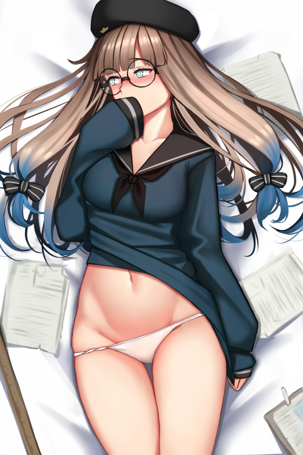 1girl, aqua_eyes, beret, blue_hair, blue_shirt, blush, breasts, brown_hair