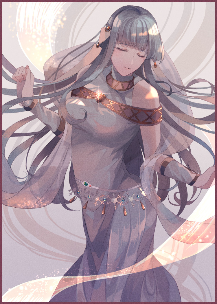 1girl, bare_shoulders, blue_hair, closed_eyes, dancing, detached_sleeves, dress, fire_emblem