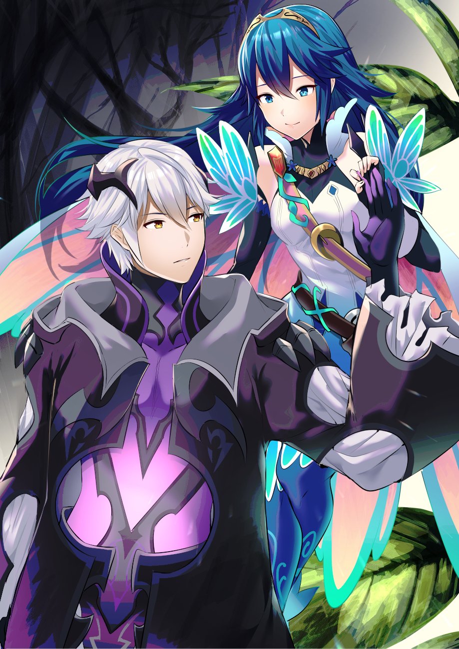 1boy, 1girl, alternate_costume, ameno_(a_meno0), bad_id, bad_twitter_id, blue_eyes, blue_hair, breasts, butterfly_wings, elbow_gloves, fingerless_gloves, fire_emblem, fire_emblem_awakening, fire_emblem_heroes, gloves, highres, insect_wings, long_hair, lucina_(fire_emblem), lucina_(resplendent)_(fire_emblem), male_robin_(fire_emblem), nintendo, official_alternate_costume, male_robin_(resplendent)_(fire_emblem), short_hair, small_breasts, smile, symbol-shaped_pupils, tiara, white_hair, wings, yellow_eyes