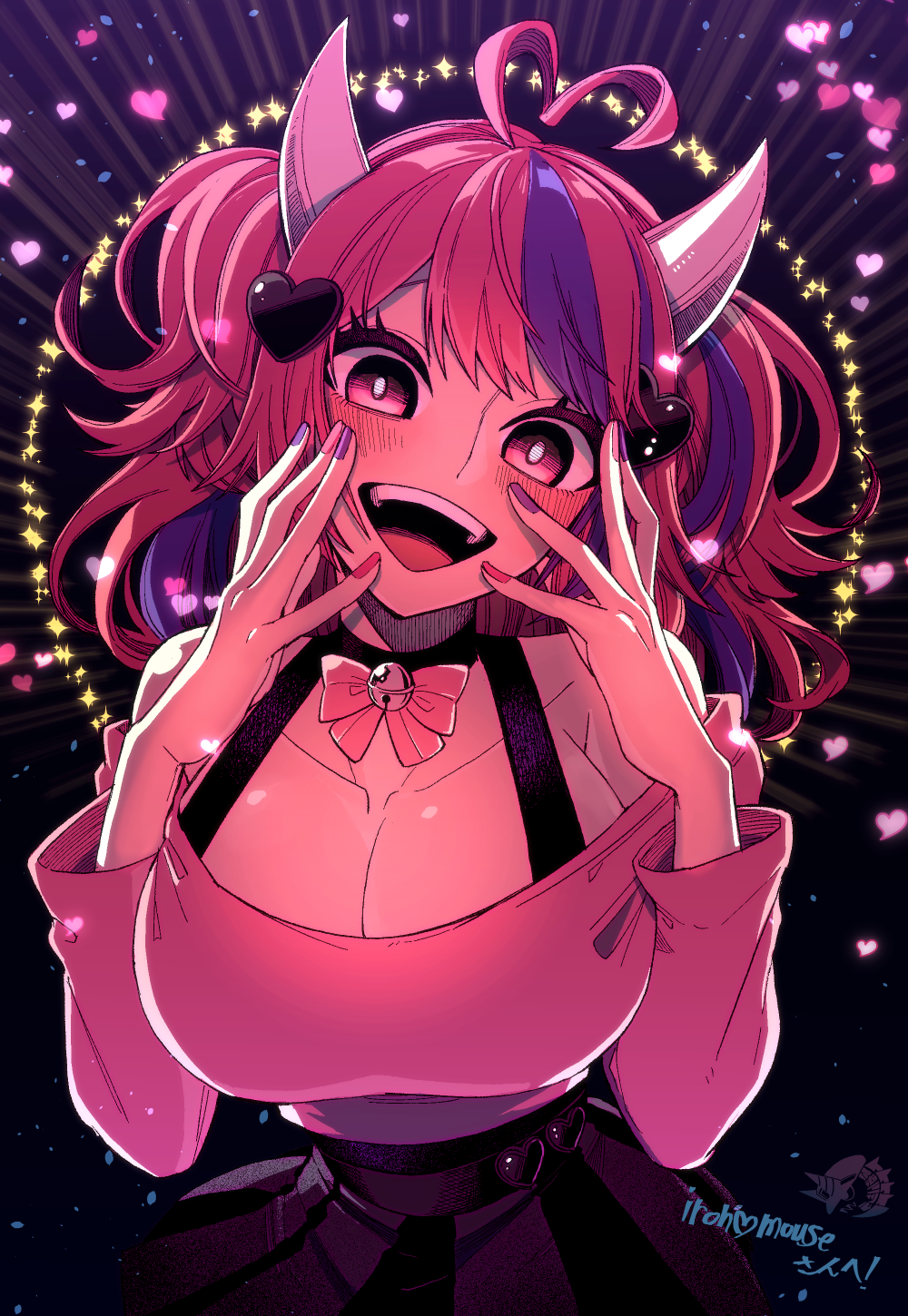 1girl, ahoge, black_skirt, breasts, character_name, choker, cleavage, commission, hair_ornament, hairclip, hands_on_own_cheeks, hands_on_own_face, heart, heart_ahoge, highres, horns, hoshi_mitsuru, indie_virtual_youtuber, ironmouse, ironmouse_(1st_costume), large_breasts, long_sleeves, looking_at_viewer, multicolored_hair, nail_polish, off-shoulder_shirt, off_shoulder, open_mouth, pink_eyes, pink_hair, pink_shirt, pleated_skirt, shirt, skeb_commission, skirt, smile, solo, streaked_hair, teeth, two-tone_hair, two_side_up, upper_body, virtual_youtuber