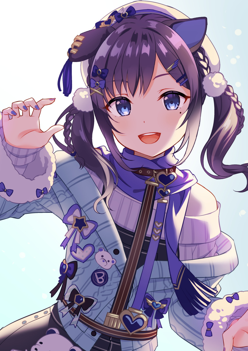 1girl, :d, aiba_uiha, aiba_uiha_(2nd_costume), animal_ears, beret, black_hair, black_skirt