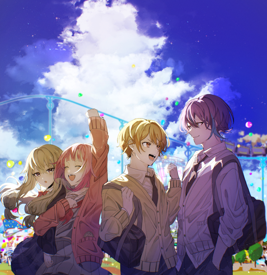2boys, 2girls, :d, :o, absurdres, amusement_park, arm_up, bag, balloon, black_jacket, black_neckwear, blonde_hair, blouse, blue_hair, blue_skirt, bow, bowtie, cardigan, clenched_hand, closed_eyes, cloud, collared_shirt, dress_shirt, facing_another, ferris_wheel, fist_pump, grey_shirt, grey_skirt, hands_in_pockets, hayama, highres, jacket, kamishiro_rui, kamiyama_high_school_uniform_(project_sekai), kusanagi_nene, locked_arms, looking_at_another, low_twintails, multicolored_hair, multiple_boys, multiple_girls, neckerchief, necktie, ootori_emu, open_cardigan, open_clothes, open_mouth, orange_eyes, pants, pink_cardigan, pink_hair, plaid_clothes, plaid_skirt, pleated_skirt, project_sekai, purple_hair, red_neckwear, roller_coaster, sailor_collar, school_bag, school_uniform, serafuku, shirt, short_hair, sidelocks, skirt, sky, smile, streaked_hair, sweater, teeth, tenma_tsukasa, traditional_bowtie, twintails, white_shirt, yellow_sweater
