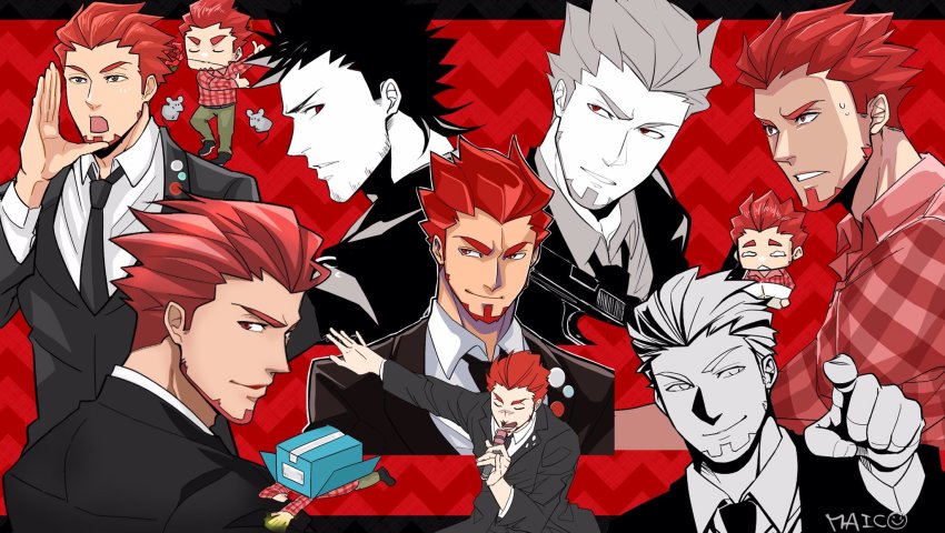 0402ma_(maico), 1boy, 2bro., artist_name, beard, black_hair, box, chibi