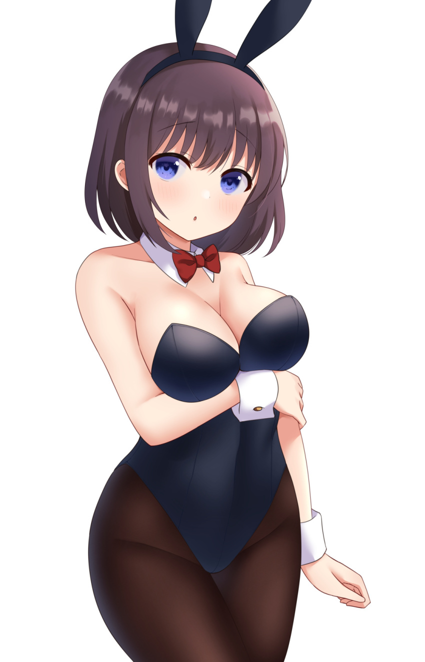 1girl, animal_ears, black_hair, black_leotard, black_pantyhose, blue_eyes, bow, bowtie