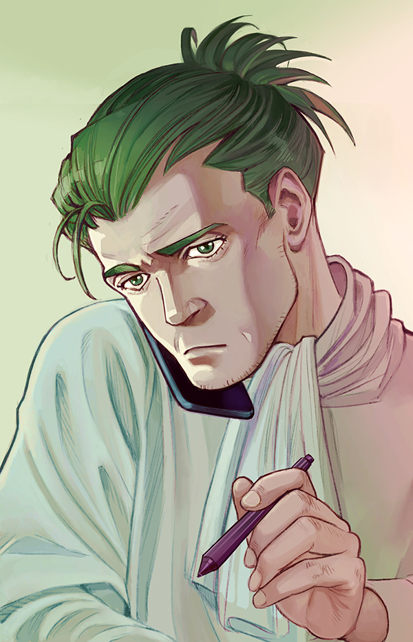 1boy, 2bro., bad_id, bad_pixiv_id, cellphone, facial_hair, green_eyes, green_hair