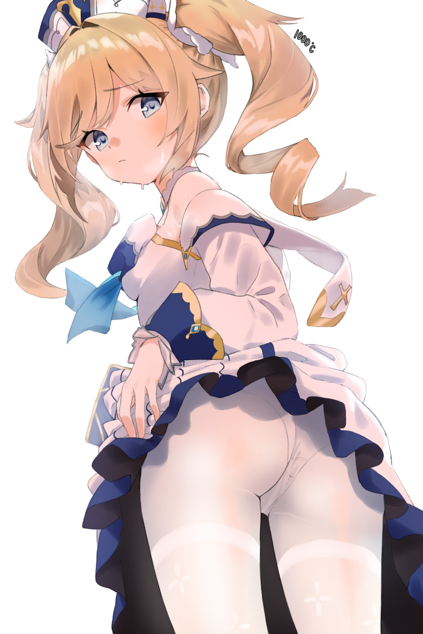 1girl, absurdres, ass, barbara_(genshin_impact), bare_shoulders, blonde_hair, blue_eyes, blush, breasts, detached_sleeves, dress, drill_hair, genshin_impact, highres, kirari_(kira_rin9), long_hair, looking_at_viewer, looking_back, pantyhose, simple_background, small_breasts, sweat, thighband_pantyhose, thighs, twin_drills, twintails, white_background, white_dress, white_headwear, white_pantyhose, white_sleeves