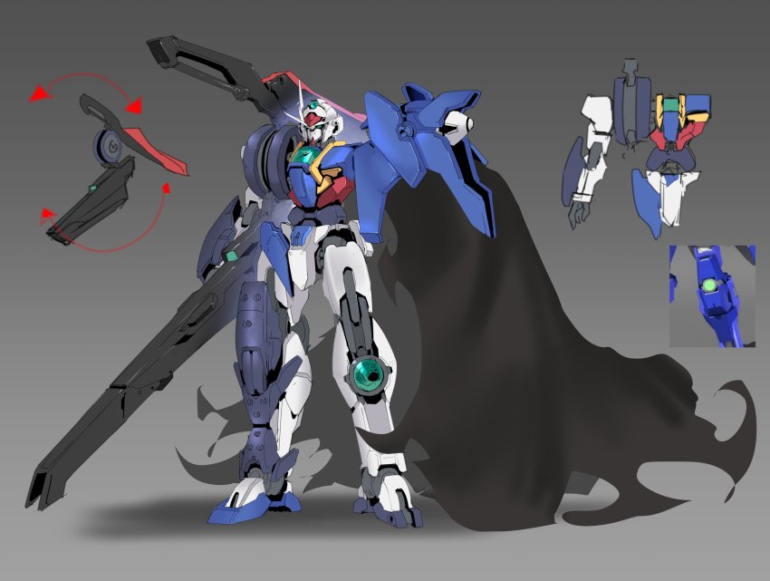 absurdres, cloak, damaged, energy_gun, gn_drive, green_eyes, grey_background, gun, gundam, gundam_00_sky, gundam_build_divers, highres, holding, holding_gun, holding_weapon, mecha, multiple_views, no_humans, redesign, robot, v-fin, weapon, zhu_fun