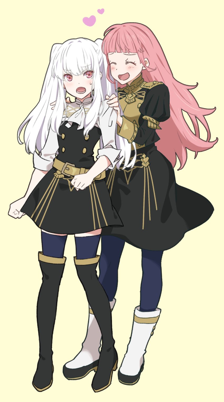 2girls, absurdres, alternate_costume, alternate_hairstyle, asao_(vc), breasts, cosplay, costume_switch, fire_emblem, fire_emblem:_three_houses, fire_emblem_heroes, garreg_mach_monastery_uniform, highres, hilda_valentine_goneril, long_hair, looking_at_another, lysithea_von_ordelia, multiple_girls, nintendo, open_mouth, pantyhose, pink_hair, white_background, white_hair