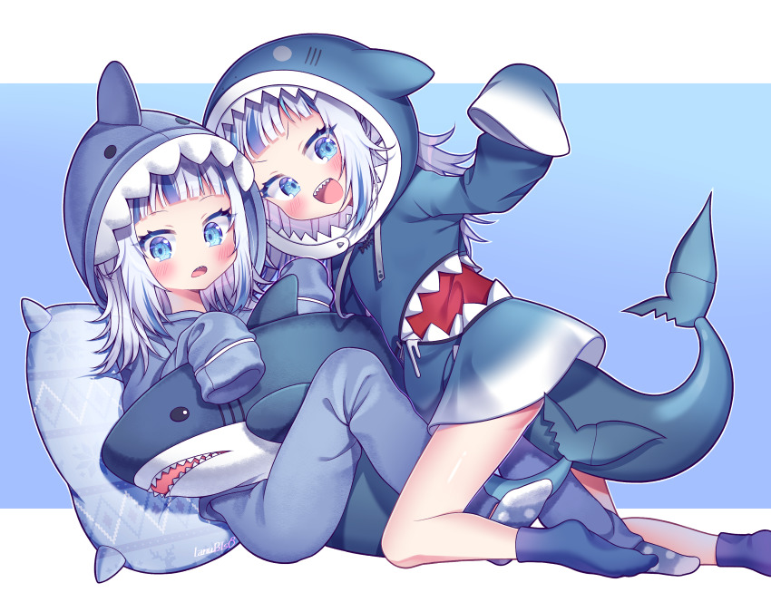 2girls, :d, :o, absurdres, animal_hood, blue_eyes, blue_hair, blue_pajamas