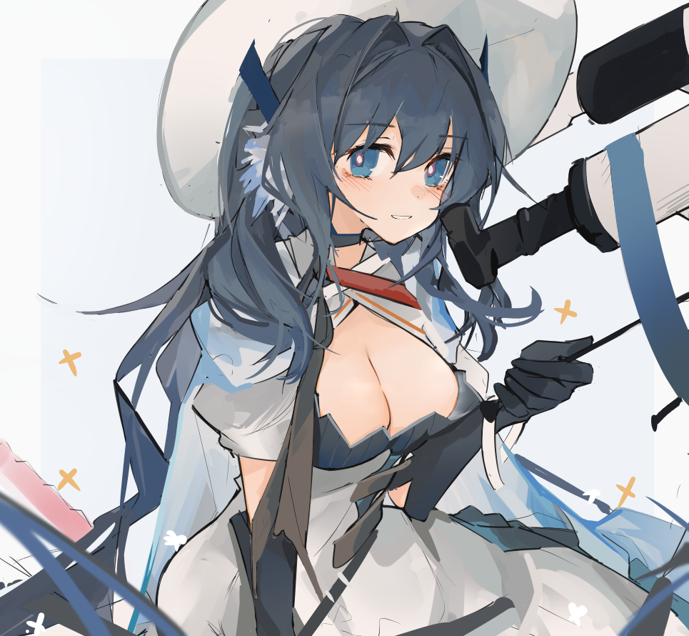 1girl, arknights, astesia_(arknights), astesia_(starseeker)_(arknights), blue_choker, blue_eyes, blue_gloves, blue_hair, blush, breasts, center_opening, choker, cleavage, cloak, commentary, cowboy_shot, dress, elbow_gloves, gloves, grey_background, hair_between_eyes, hat, long_hair, looking_at_viewer, medium_breasts, mikozin, official_alternate_costume, simple_background, smile, solo, telescope, white_cloak, white_dress, white_hat