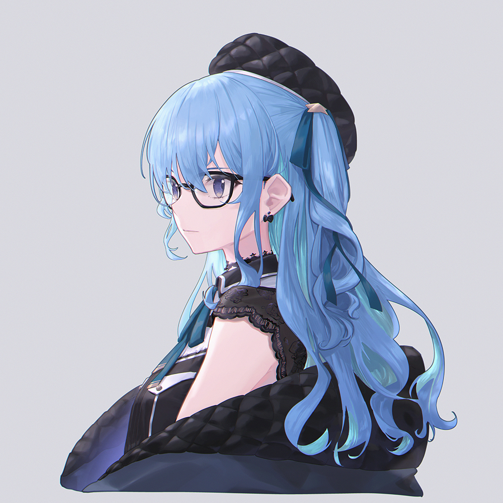1girl, bespectacled, black-framed_eyewear, black_coat, black_hat, breasts, butterfly_earrings, closed_eyes