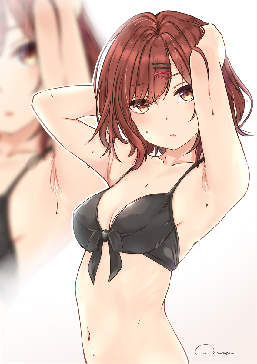 1girl, armpits, arms_up, black_bra, bra, breasts, brown_eyes, brown_hair, commentary_request, front-tie_bra, hair_ornament, hairclip, highres, higuchi_madoka, idolmaster, idolmaster_shiny_colors, nagi_(shunsuke-manage), navel, parted_lips, short_hair, signature, small_breasts, solo, sweat, underwear, upper_body