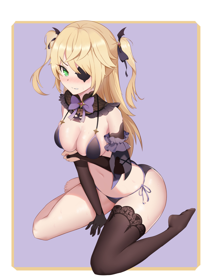 1girl, absurdres, alternate_breast_size, arm_under_breasts, bare_shoulders, barefoot, between_legs, bikini, black_bikini, black_gloves, black_thighhighs, blonde_hair, blush, breasts, cleavage, embarrassed, eyepatch, fischl_(genshin_impact), genshin_impact, gloves, green_eyes, hair_ribbon, hand_between_legs, highres, long_hair, looking_at_viewer, medium_breasts, navel, parted_lips, ribbon, side-tie_bikini_bottom, simple_background, single_thighhigh, sitting, solo, sweat, swimsuit, thighhighs, thighs, two_side_up, wariza, yinori