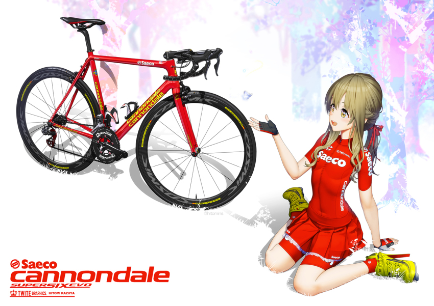 1girl, bicycle, bike_shorts, blonde_hair, brown_eyes, cannondale, fingerless_gloves, gloves, grass, high_heels, hitomi_kazuya, tree