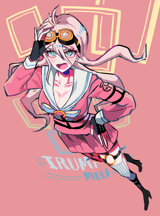 1girl, :d, adjusting_eyewear, ahoge, antenna_hair, asymmetrical_hair, black_gloves, blonde_hair