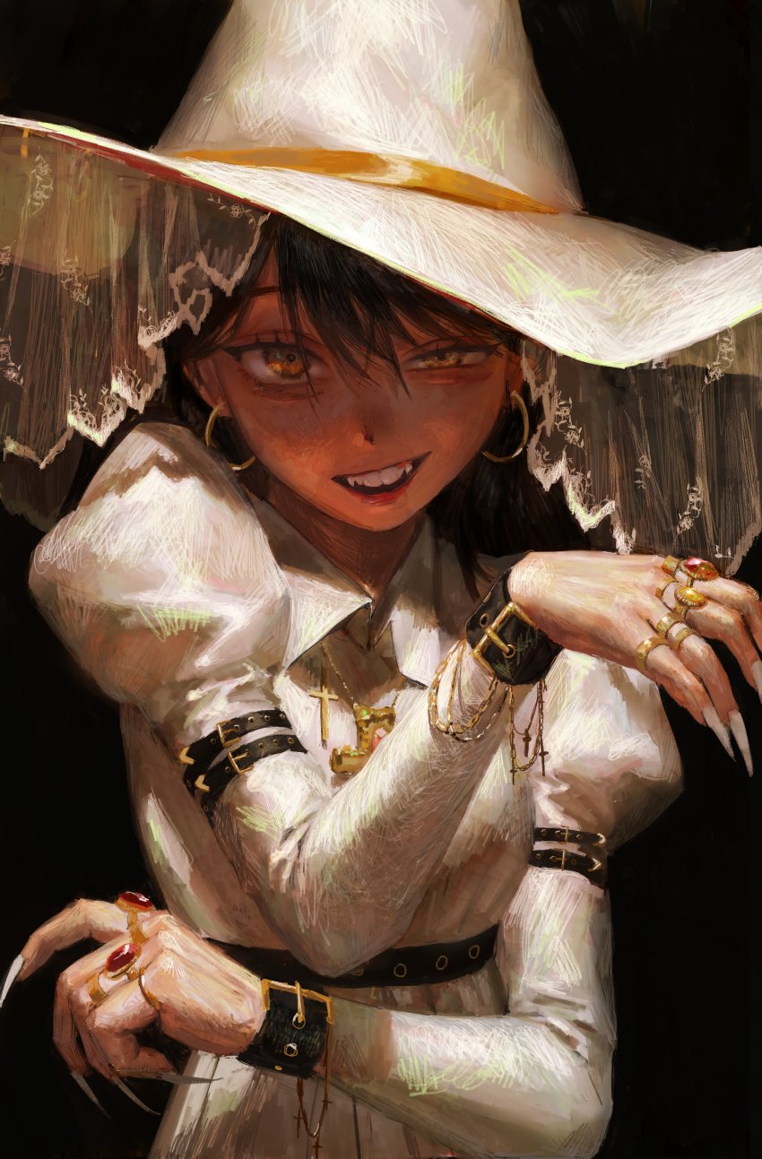 1girl, absurdres, arm_strap, black_background, black_hair, blending, commentary_request, copyright_request