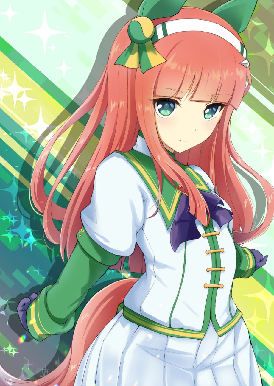 1girl, animal_ears, artist_collaboration, black_gloves, black_ribbon, blunt_bangs, closed_mouth, collared_shirt, colorized, ear_covers, gloves, green_eyes, hairband, highres, horse_ears, horse_girl, horse_tail, kuon_kimi, layered_sleeves, long_hair, long_sleeves, looking_at_viewer, misonikomi, neck_ribbon, orange_hair, pleated_skirt, ribbon, shadow, shirt, short_over_long_sleeves, short_sleeves, silence_suzuka_(innocent_silence)_(umamusume), silence_suzuka_(umamusume), skirt, smile, solo, sparkle, standing, tail, umamusume, white_shirt, white_skirt