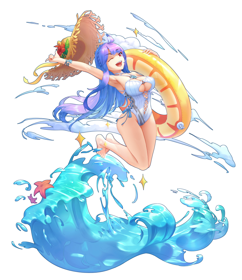 1girl, ;d, absurdres, bare_legs, barefoot, blue_hair, blue_one-piece_swimsuit, blunt_bangs