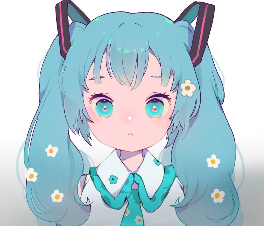 1girl, alternate_hair_length, alternate_hairstyle, aqua_eyes, bad_id, bad_twitter_id, blue_flower, blue_hair, blue_necktie, blush, chestnut_mouth, close-up, collared_shirt, expressionless, eyelashes, facepaint, floral_print, flower, frilled_shirt_collar, frills, gradient_background, grey_background, hair_between_eyes, hair_flower, hair_ornament, hatsune_miku, highres, looking_at_viewer, necktie, nose_blush, parted_lips, pepparmint310, polka_dot, shirt, sidelocks, simple_background, solo, tareme, twintails, upper_body, vocaloid, white_background, white_flower, white_shirt, wide-eyed