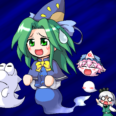2girls, :o, =_=, ^_^, arm_up, blue_background, blush, blush_stickers, boo_(mario), bow, bowtie, buttons, capelet, closed_eyes, crossover, eerie, eerie_(super_mario_world), flying, ghost, green_eyes, green_hair, hairband, hat, hitodama, konpaku_youmu, konpaku_youmu_(ghost), long_hair, long_sleeves, lowres, mario_(series), mima_(touhou), multiple_girls, myonde, nintendo, no_pupils, o_o, oekaki, open_mouth, parody, pink_hair, saigyouji_yuyuko, short_hair, skirt, skirt_set, super_mario_world, super_marisa_world, sweatdrop, touhou, touhou_(pc-98), vest, white_hair, wizard_hat