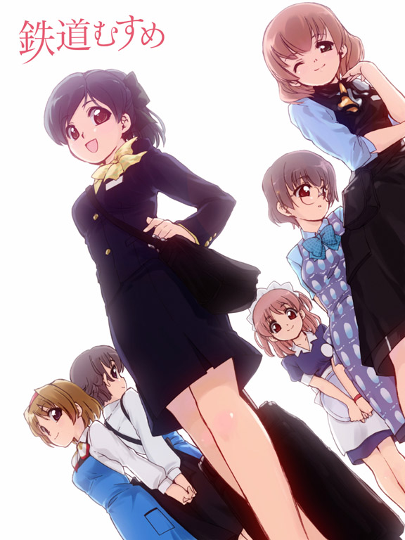 00s, 6+girls, glasses, holding_hands, kasukabe_shia, kurihashi_akana, matsumoto_azusa, multiple_girls, nippon_restaurant_enterprise, odakyu_restaurant_system, one_eye_closed, shibusawa_asagi, shirakawa_hibari, tessai, tetsudou_musume, tobu_shoji, tray, tsujidou_midori, wink