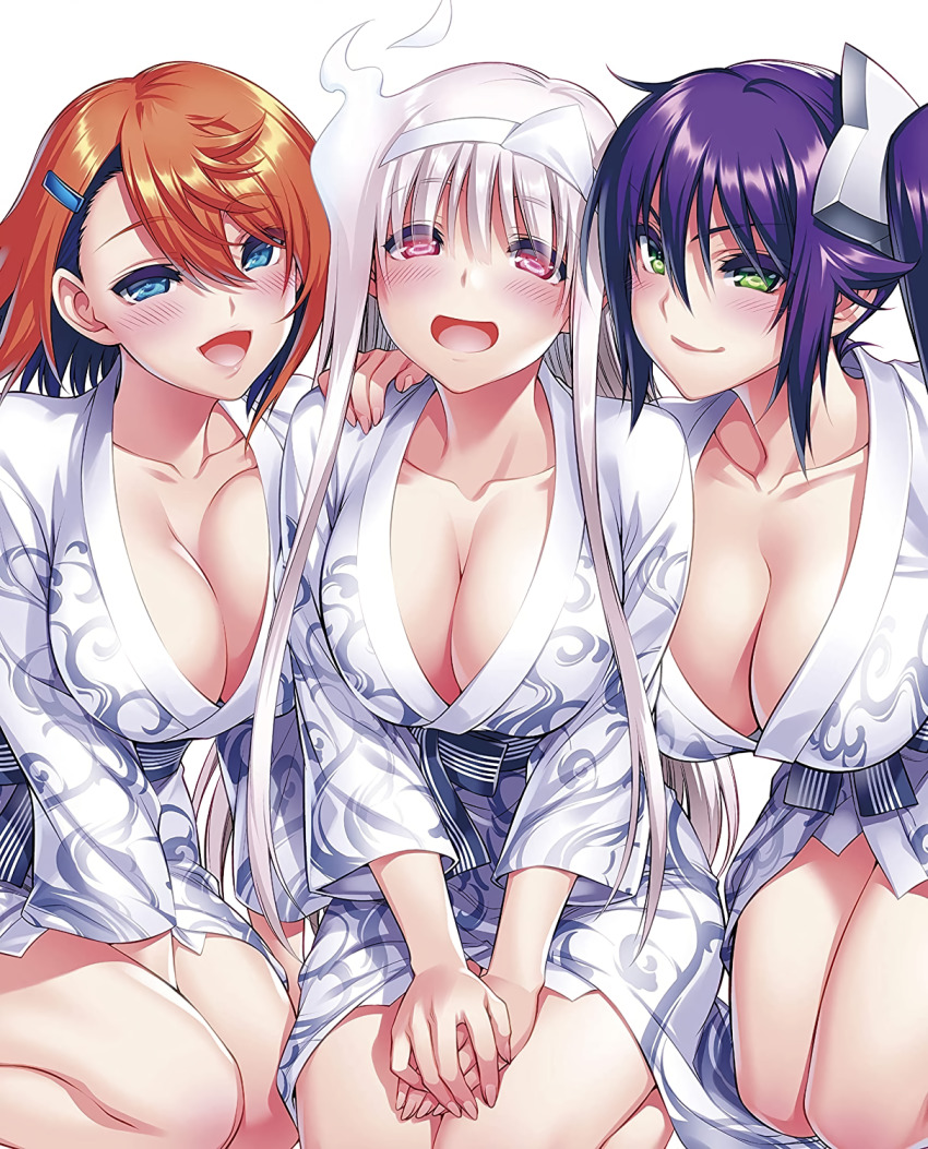 3girls, ameno_sagiri_(yuragisou_no_yuuna-san), asymmetrical_bangs, between_legs, blue_eyes, blush, breasts, closed_eyes, collarbone, ghost, green_eyes, hair_ornament, hairclip, hand_between_legs, hand_on_another's_shoulder, highres, japanese_clothes, kimono, large_breasts, long_hair, long_sleeves, looking_at_viewer, miura_tadahiro, miyazaki_chisaki, multiple_girls, naughty_face, non-web_source, official_art, open_mouth, orange_hair, own_hands_together, pink_eyes, purple_hair, short_hair, side_ponytail, smile, triangular_headpiece, v_arms, white_hair, yukata, yunohana_yuuna, yuragisou_no_yuuna-san