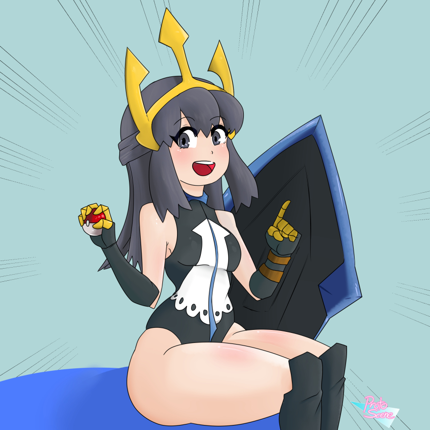 1girl, absurdres, bare_legs, black_leotard, blue_eyes, blue_hair, blush, boots, breasts, cosplay, crown, curvy, dawn_(pokemon), empoleon, empoleon_(cosplay), female_focus, gen_4_pokemon, gloves, hair_ornament, highres, holding, holding_poke_ball, leotard, long_hair, looking_at_viewer, nintendo, open_mouth, poke_ball, pokemon, pokemon_diamond/pearl/platinum, protoscene, shield, shiny_skin, simple_background, smile, solo, wide_hips
